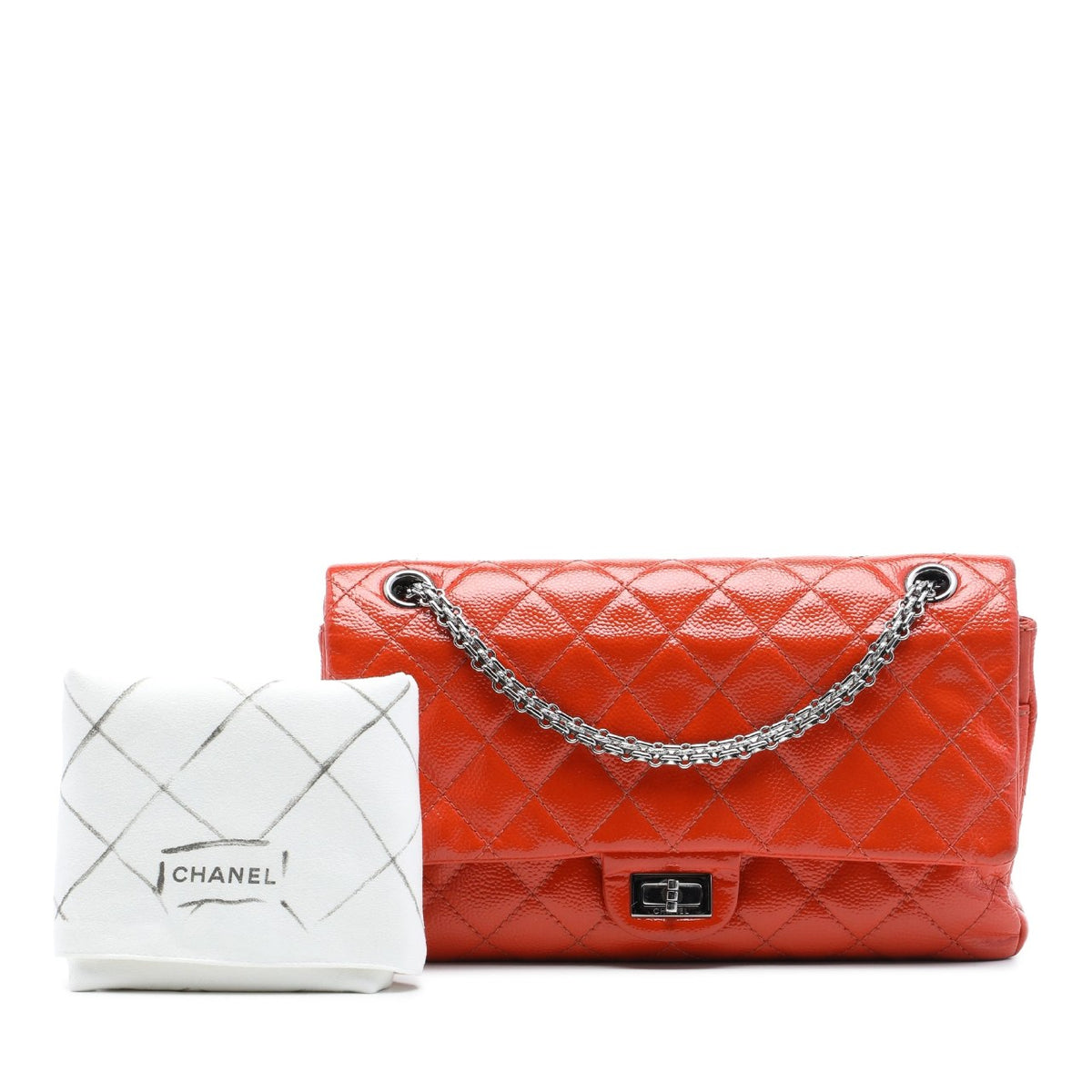 2.55 Reissue Aged Orange Patent Leather Quilted 227 Double Flap Silver