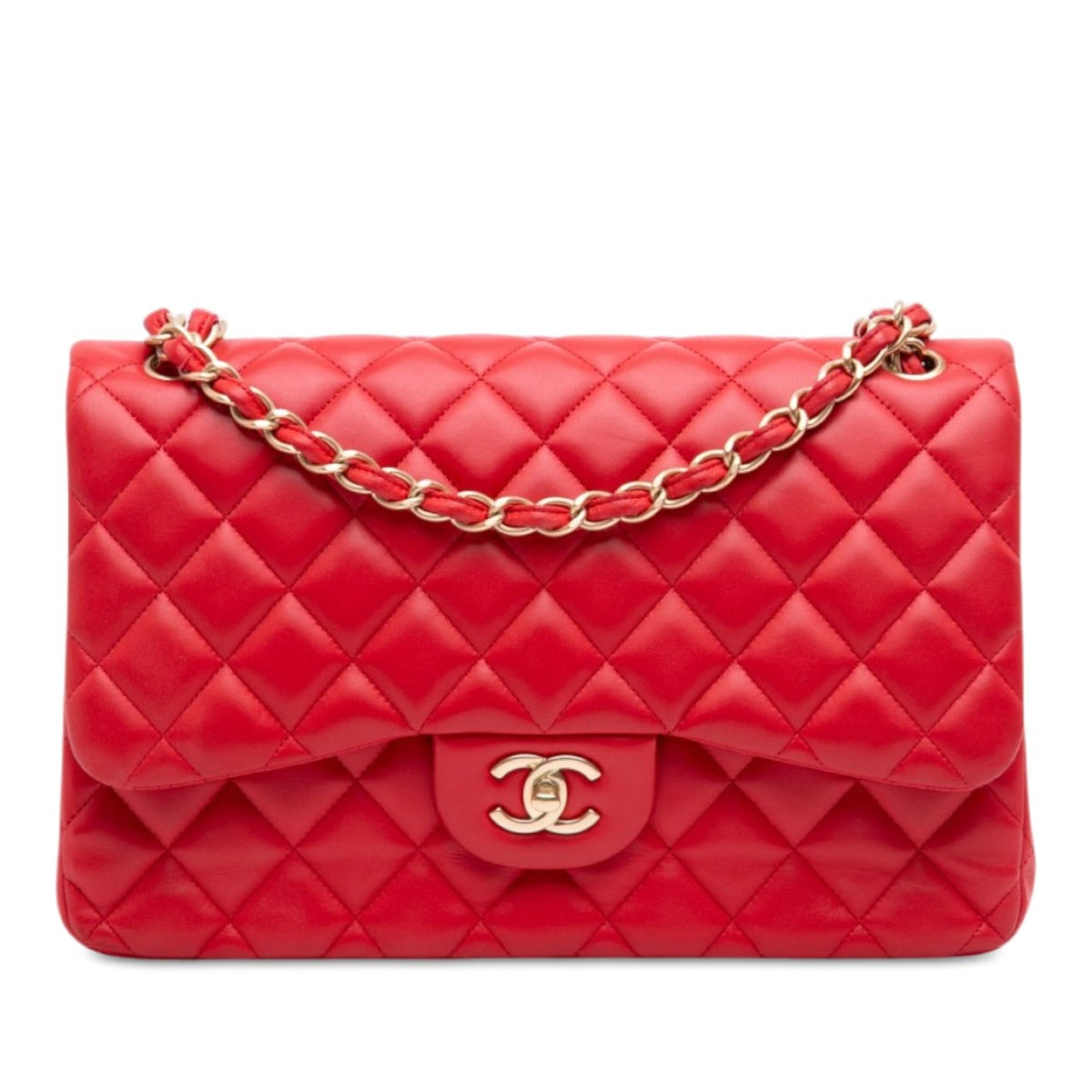 Chanel Jumbo Classic Lambskin Double Flap Red Golden Hardware