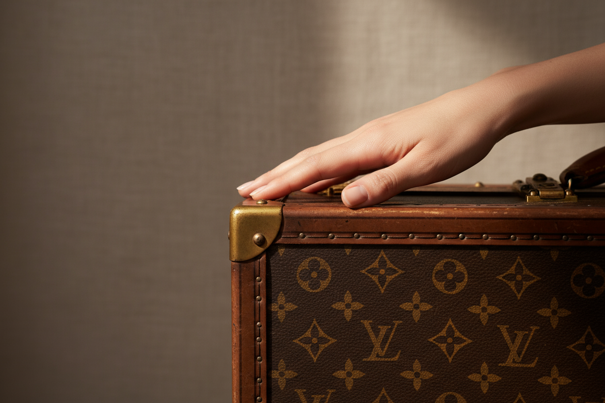 Editorial still life close up of a vintage Louis Vuitton trucks on neutral background, soft daylight from the side, tactile shadows, heritage mood, museum aesthetic. There's a delicate woman's hand touching the trucks with perfect natural manicure