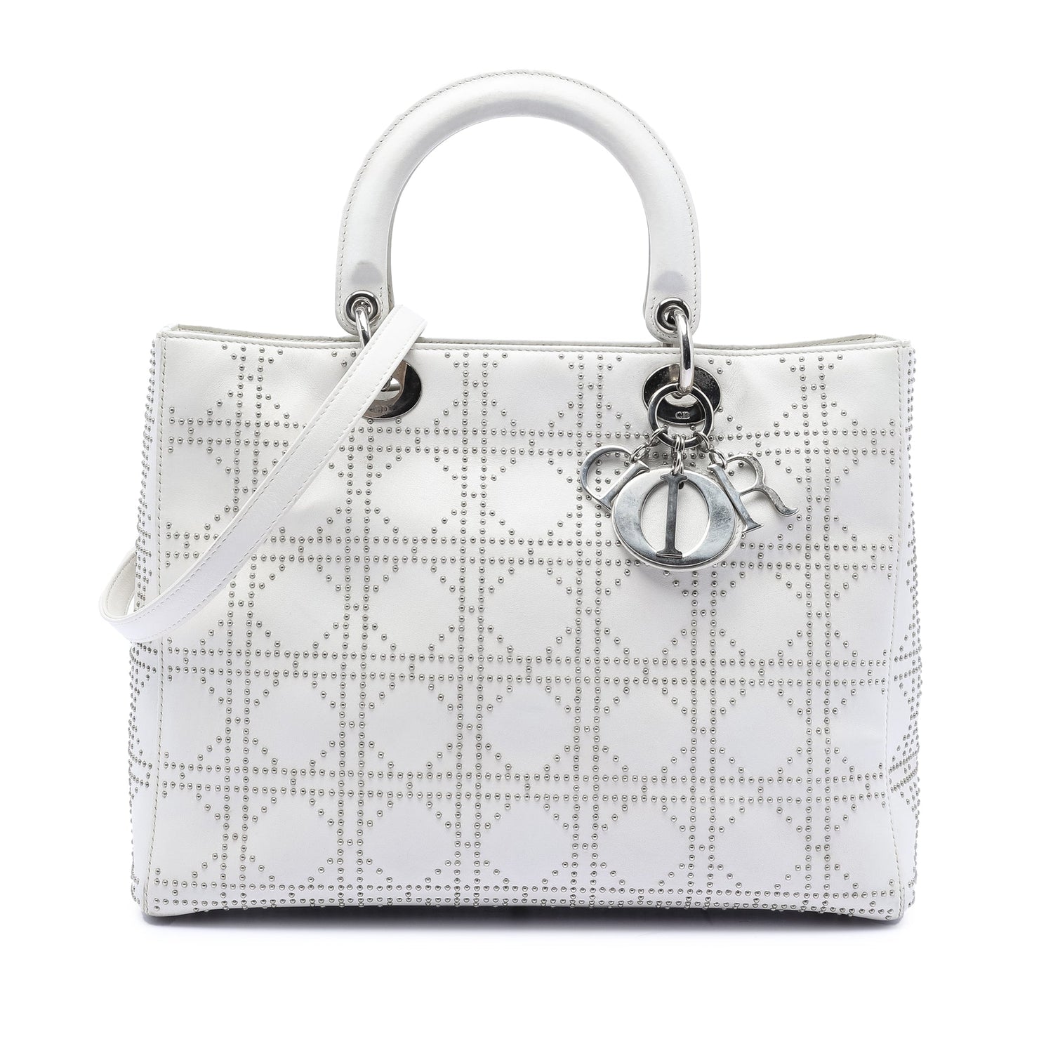 Large Lady Dior Silver Studded Cannage White Lambskin