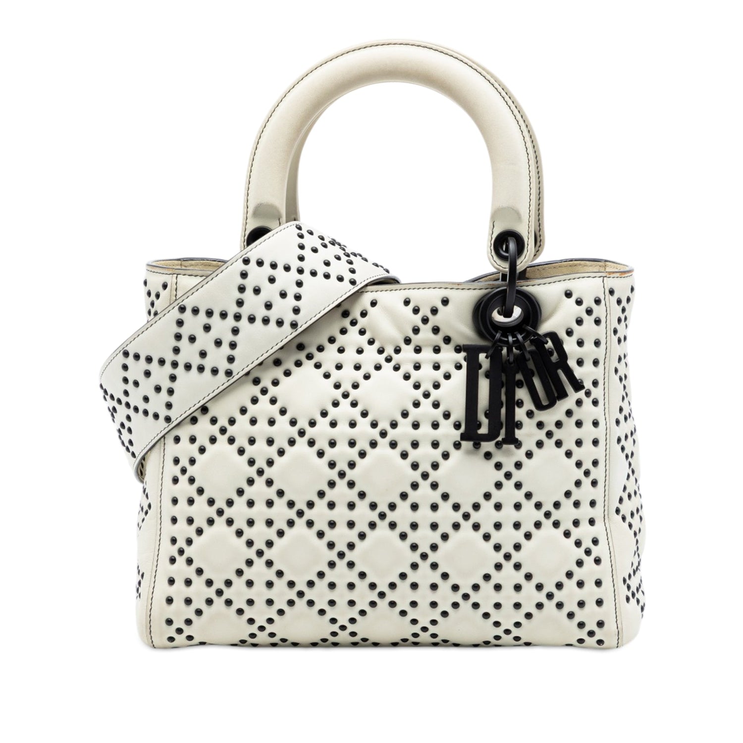 Medium Lady Dior Matte Black Studded Cannage White Lambskin