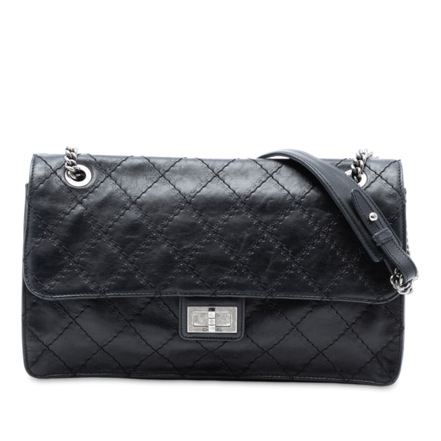 2.55 Embossed Aged Calfskin Quilted 227 Single Flap Black Ruthenium