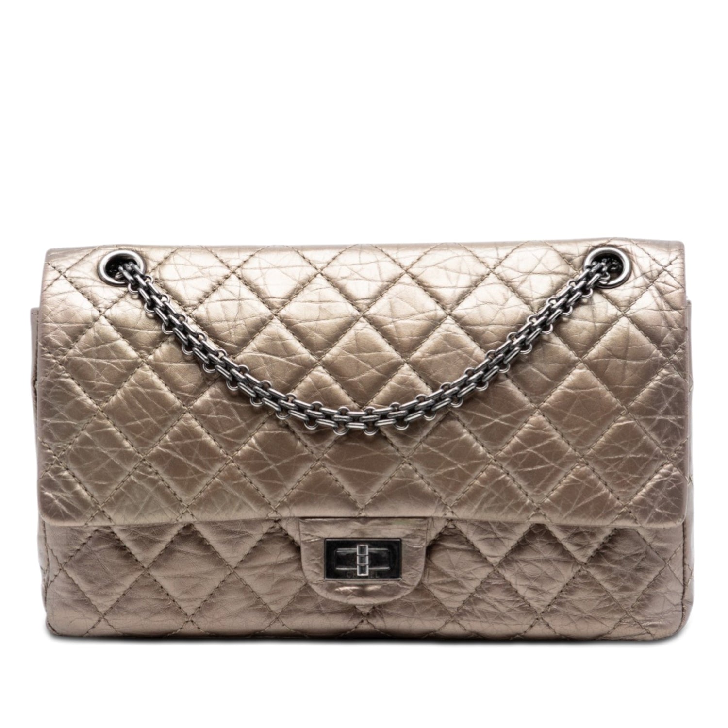 2.55 Reissue Aged Brown Metallic Calfskin Quilted 227 Double Flap Ruthenium