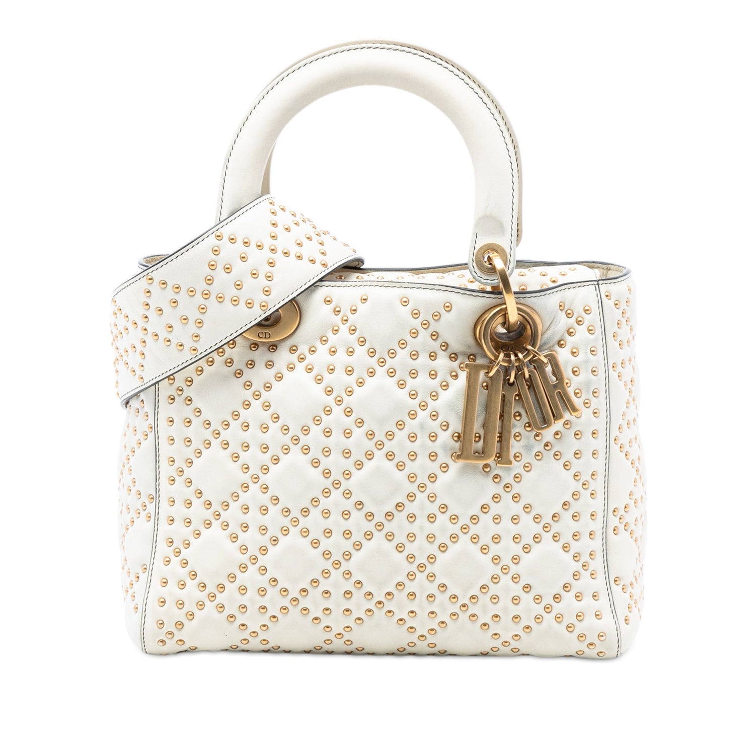 Medium Lady Dior Gold Studded Cannage White Lambskin
