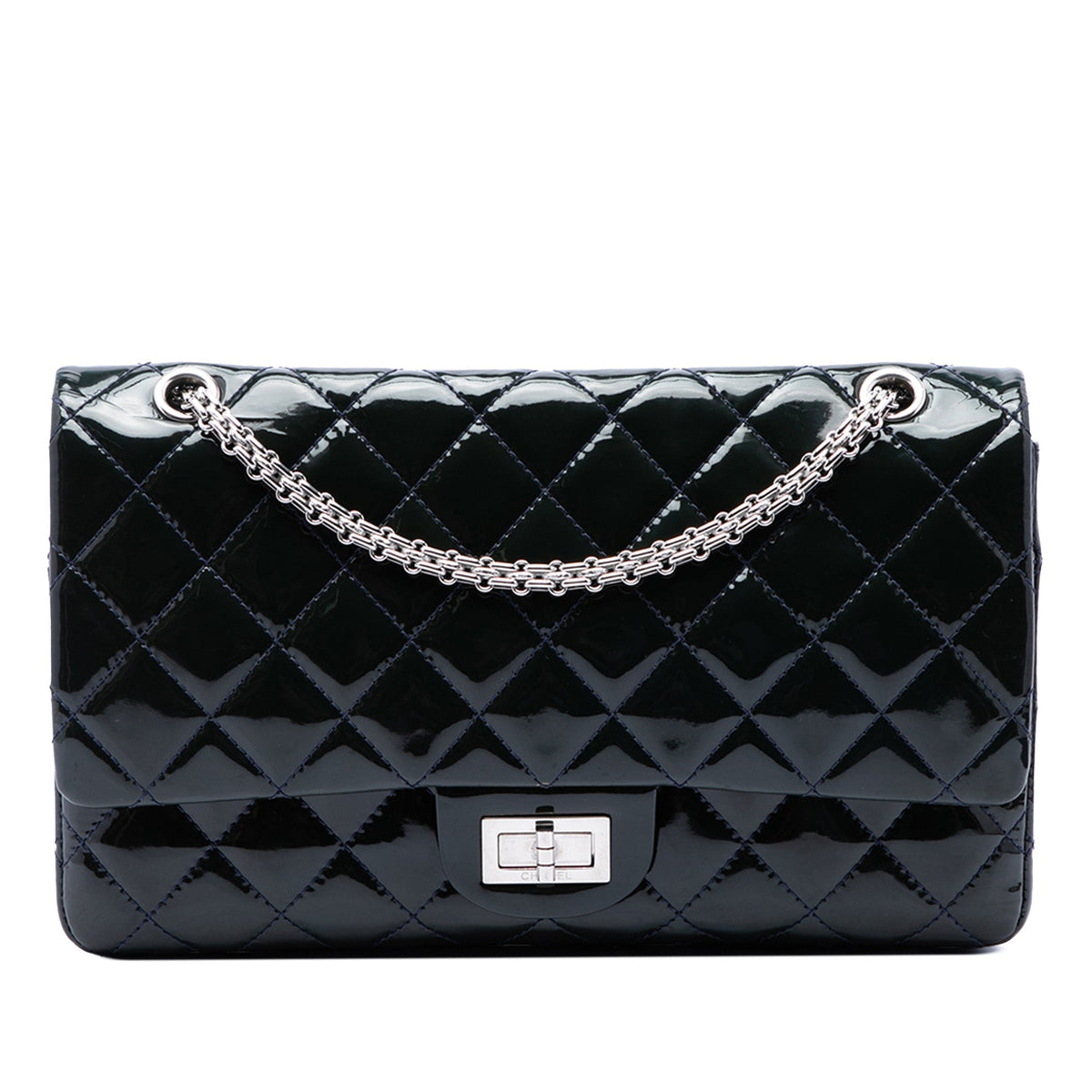 2.55 Reissue Patent Dark Blue Calfskin Quilted 227 Double Flap Silver Hardware
