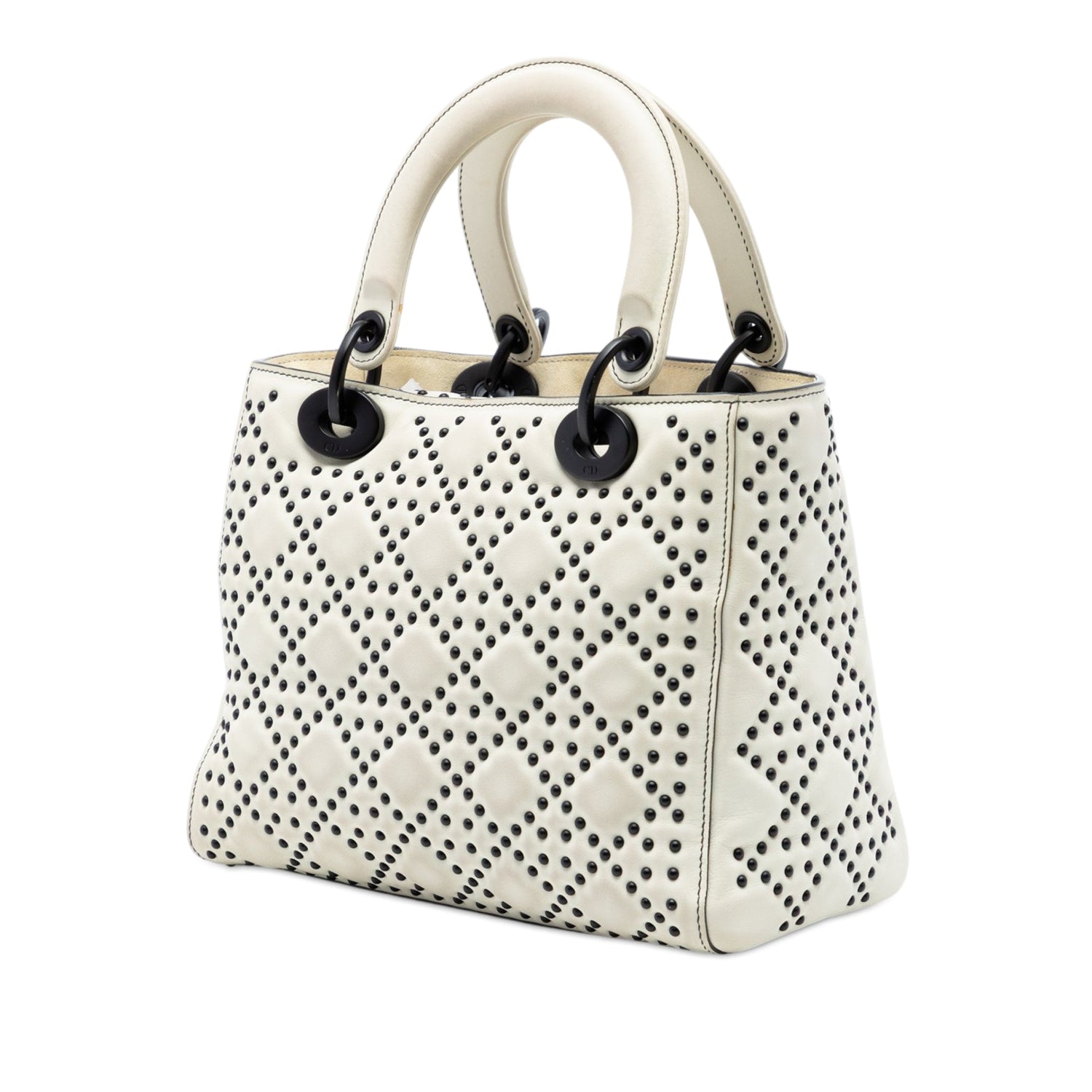 Medium Lady Dior Matte Black Studded Cannage White Lambskin