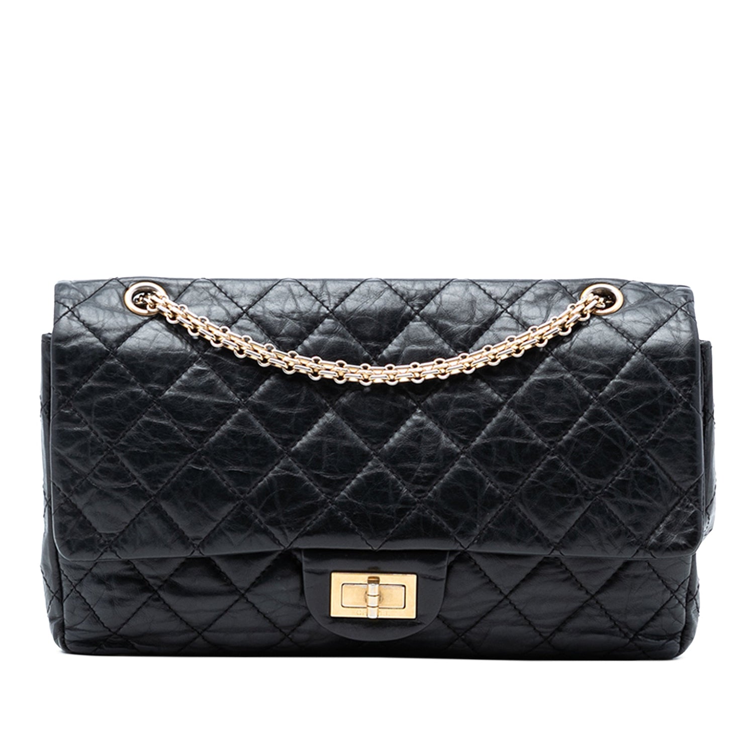 2.55 Reissue Aged Calfskin Quilted 227 Double Flap Black Gold