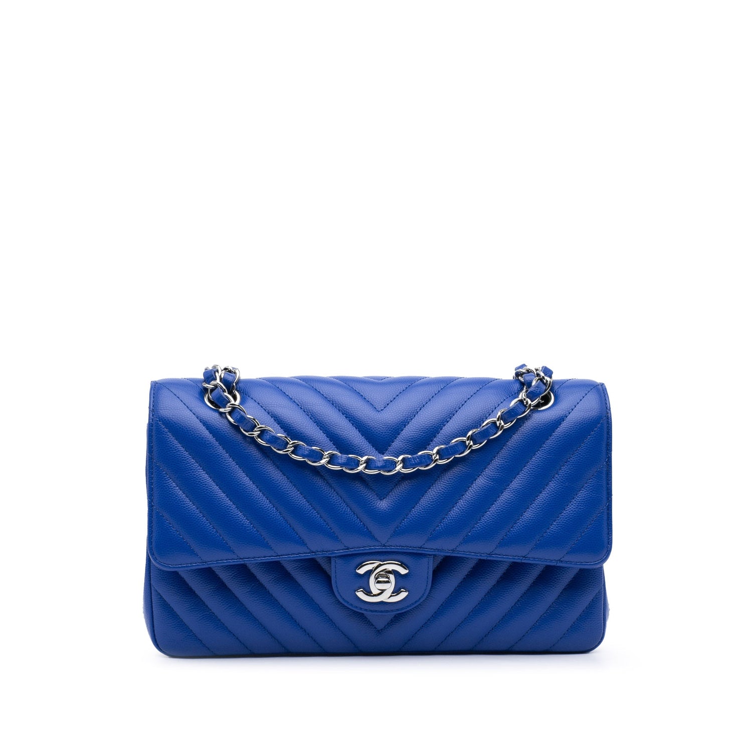 Chanel Medium Chevron Classic Caviar Double Flap Blue