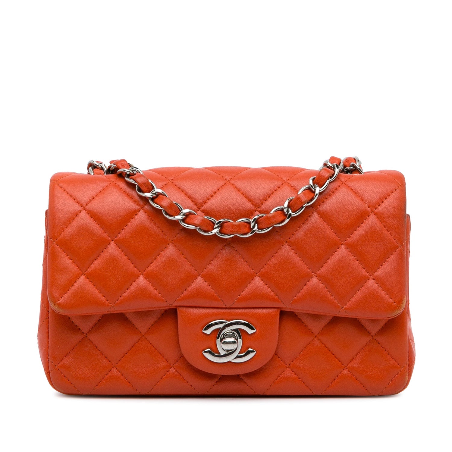 Chanel Mini Rectangular Classic Orange Lambskin Single Flap Silver